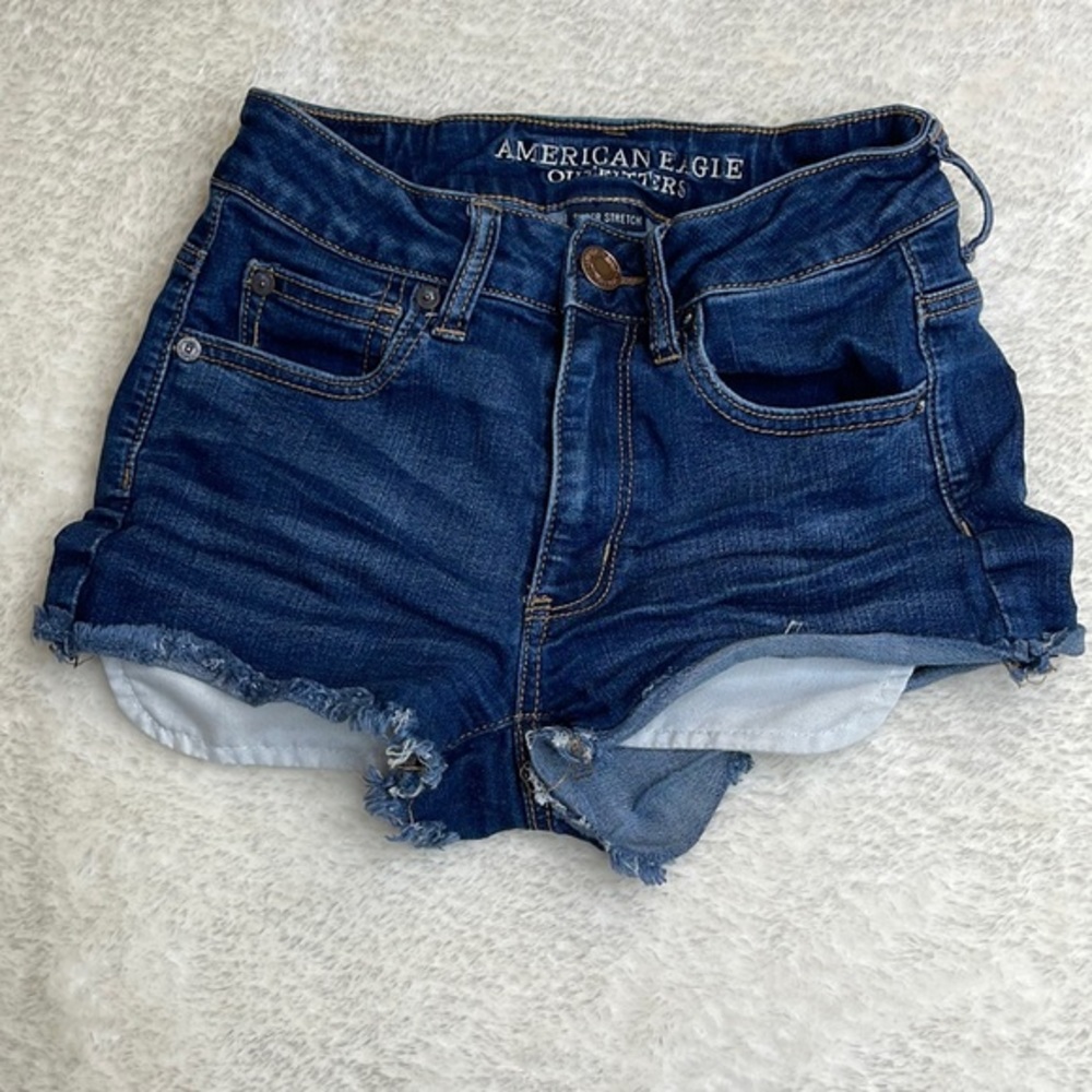 American Eagle Super Stretch Hi-Rise Shortie Jean Shorts Dark Denim Size 2